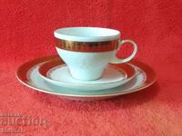 Old triple set cup, 2 plates, gilded Germany GDR KAHLA