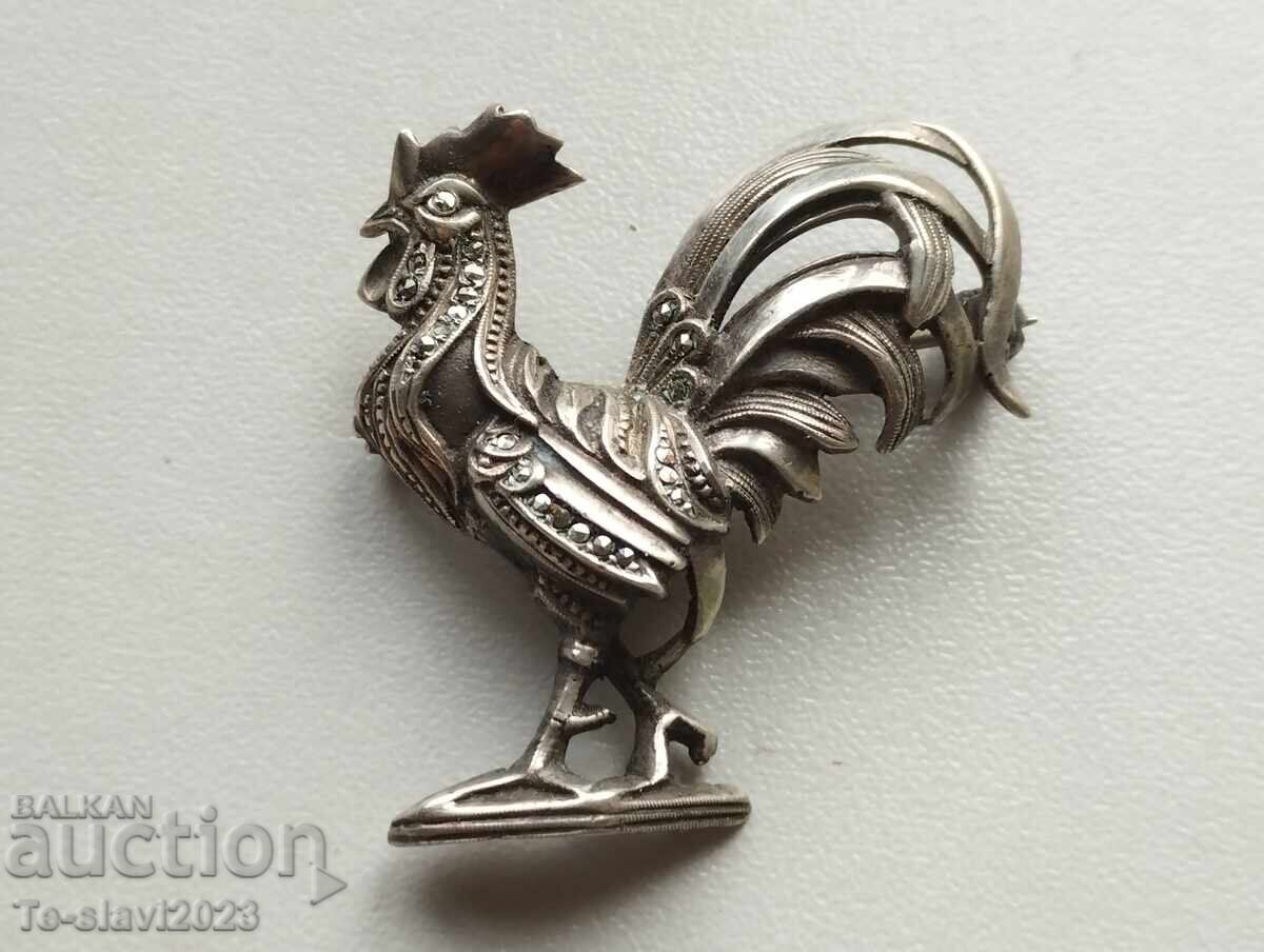 Παλιά Art Deco Ασημένια καρφίτσα "Rooster" με μαρκασίτη