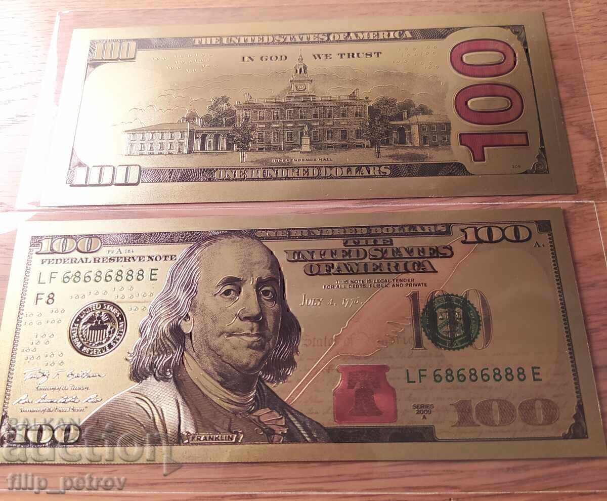 Lot de 10 buc. 100 dolari - placate cu aur, suveniruri, plastice