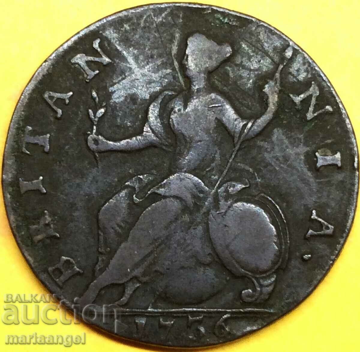 Marea Britanie 1,2 Penny 1736 Moneda colonială SUA 10,2 ani