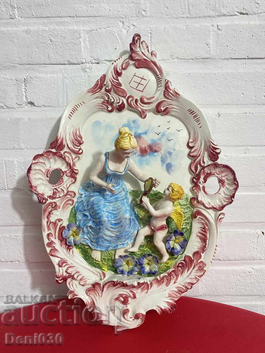 Unique porcelain relief wall plaque "Woman with Cupid"