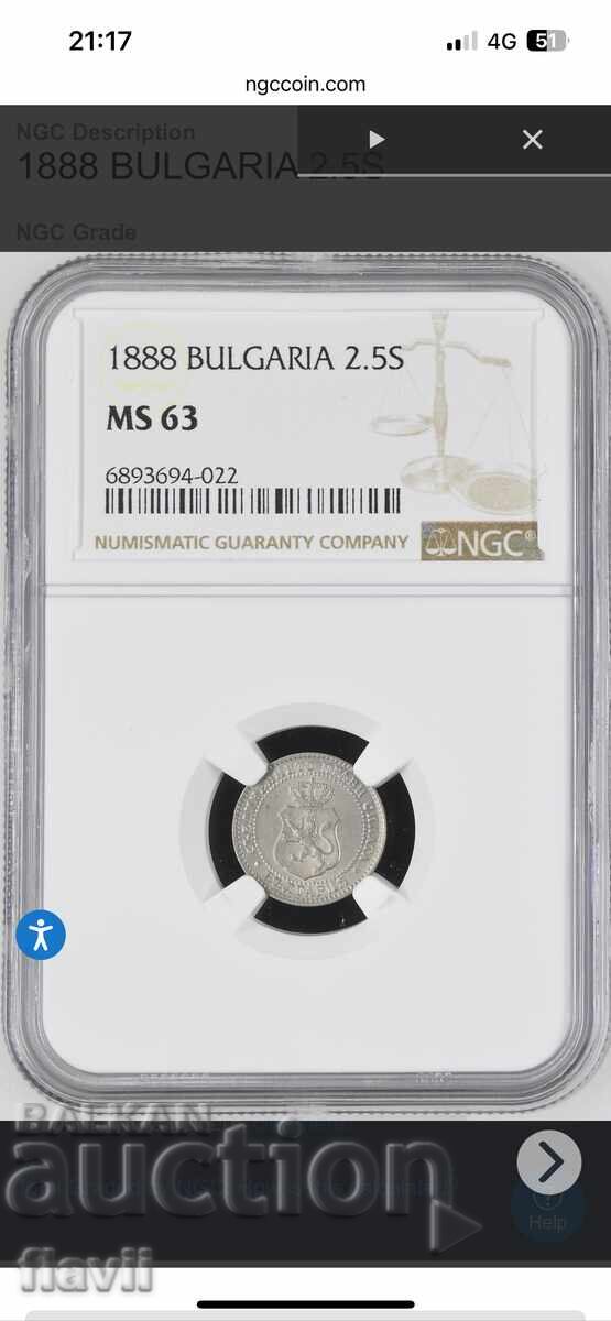 1888 Moneda certificată de 2 cenți și jumătate.MS 63 NGC