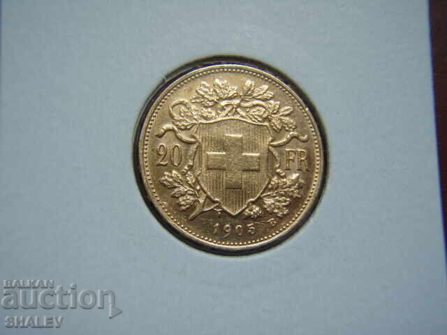 20 Francs 1905 Switzerland (20 франка Швейцария)- AU (злато) с цена 1609.89 лв. | € 823.12