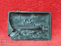 Carte de vizită veche din metal Ship Anchor Steamer Sea Waves