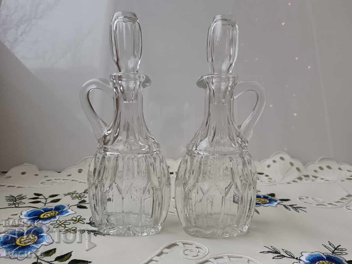 Set of 2 thick embossed glass olive oil bottles, like new