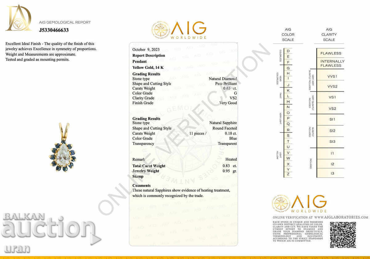 Pandantiv din aur nou cu diamant natural de 0,65 ct și safire cu preț € 1600.00 | 3129.34 BGN