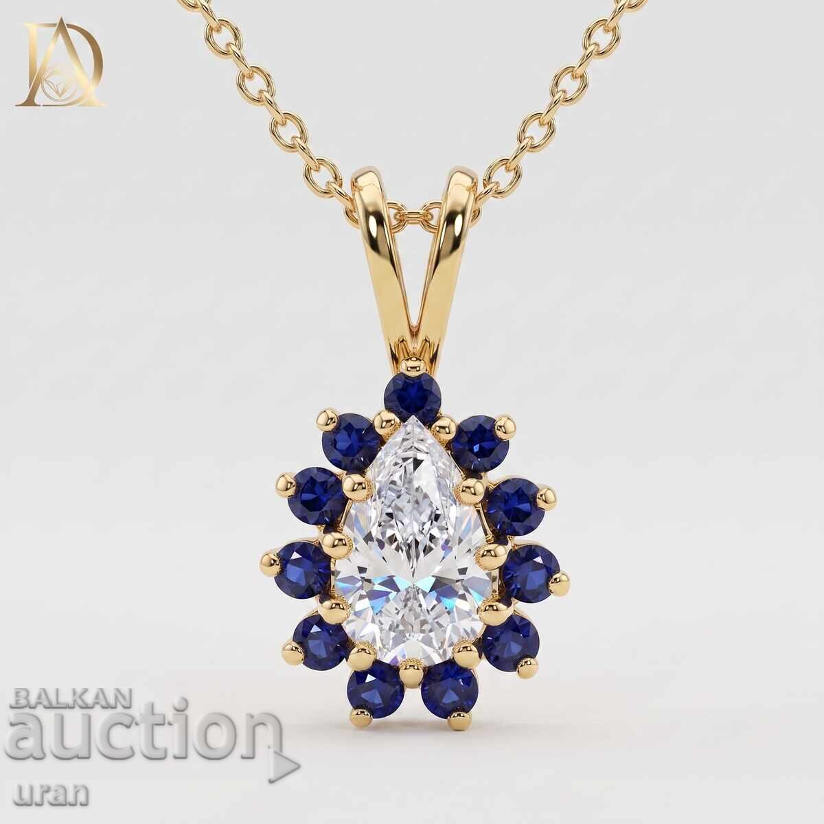 Pandantiv din aur nou cu diamant natural de 0,65 ct și safire