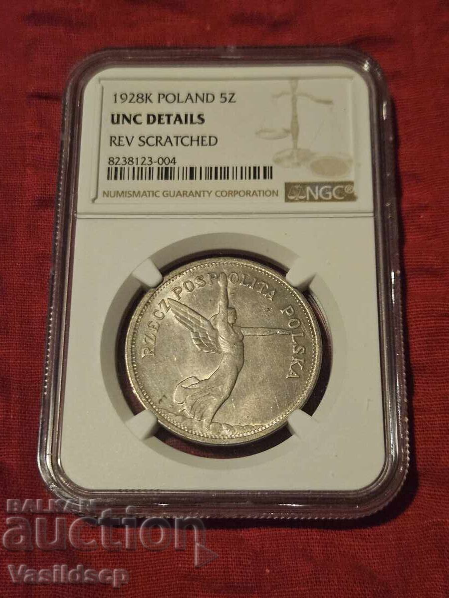 5 Zloty 1928K NGC Rare Silver