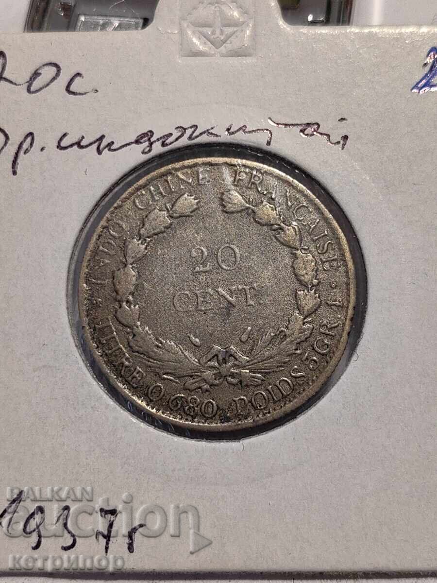 20 цента Френски Индокитай 1937 г сребърна 20 цента Френски Индокитай 1937 г сребърна