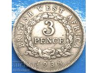 Africa de Vest Britanică 3 pence 1938 argint