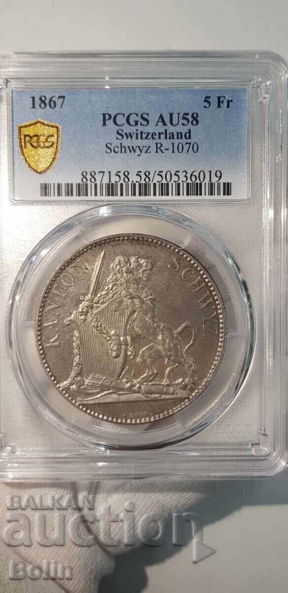 AU 58 Rare Silver Coin 5 Francs 1867 PCGS Switzerland