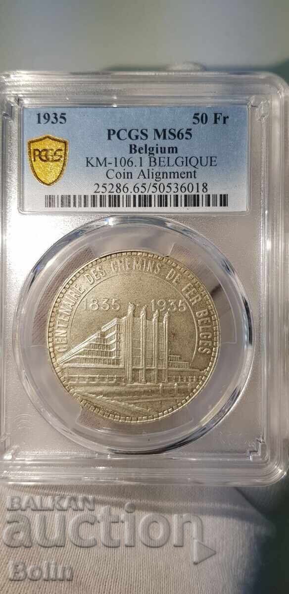 MS 65 Сребърна монета 50 франка 1935 г. Белгия PCGS