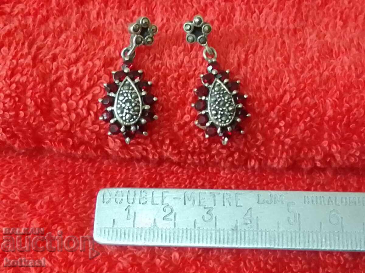 Old silver earrings with semi-precious stones, garnets, Germany