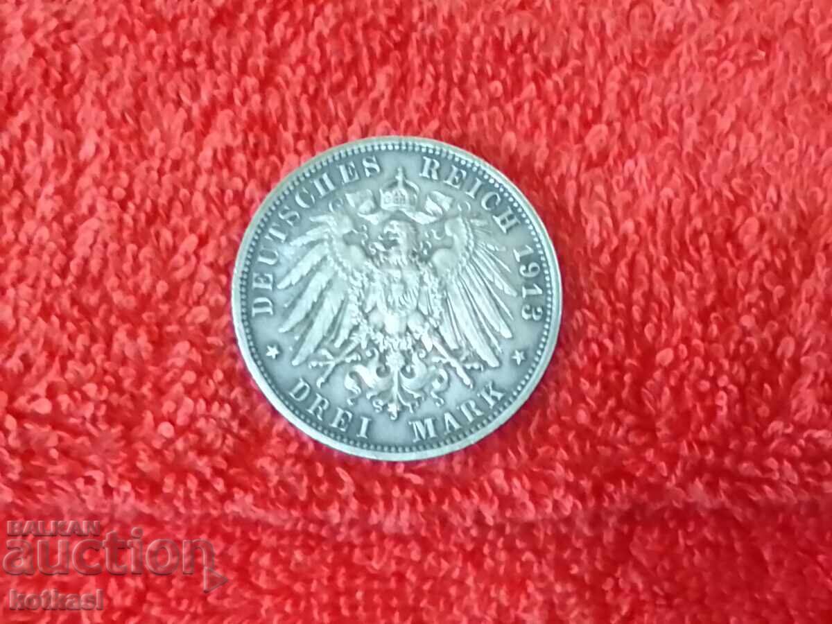 Auction  Silver Coin 3 Marks F 1913 Germany Saxony Grade