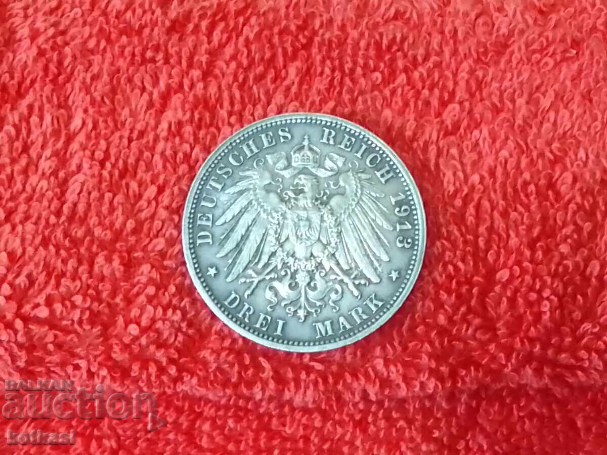 Delivery of Silver Coin 3 Marks F 1913 Germany Saxony Grade