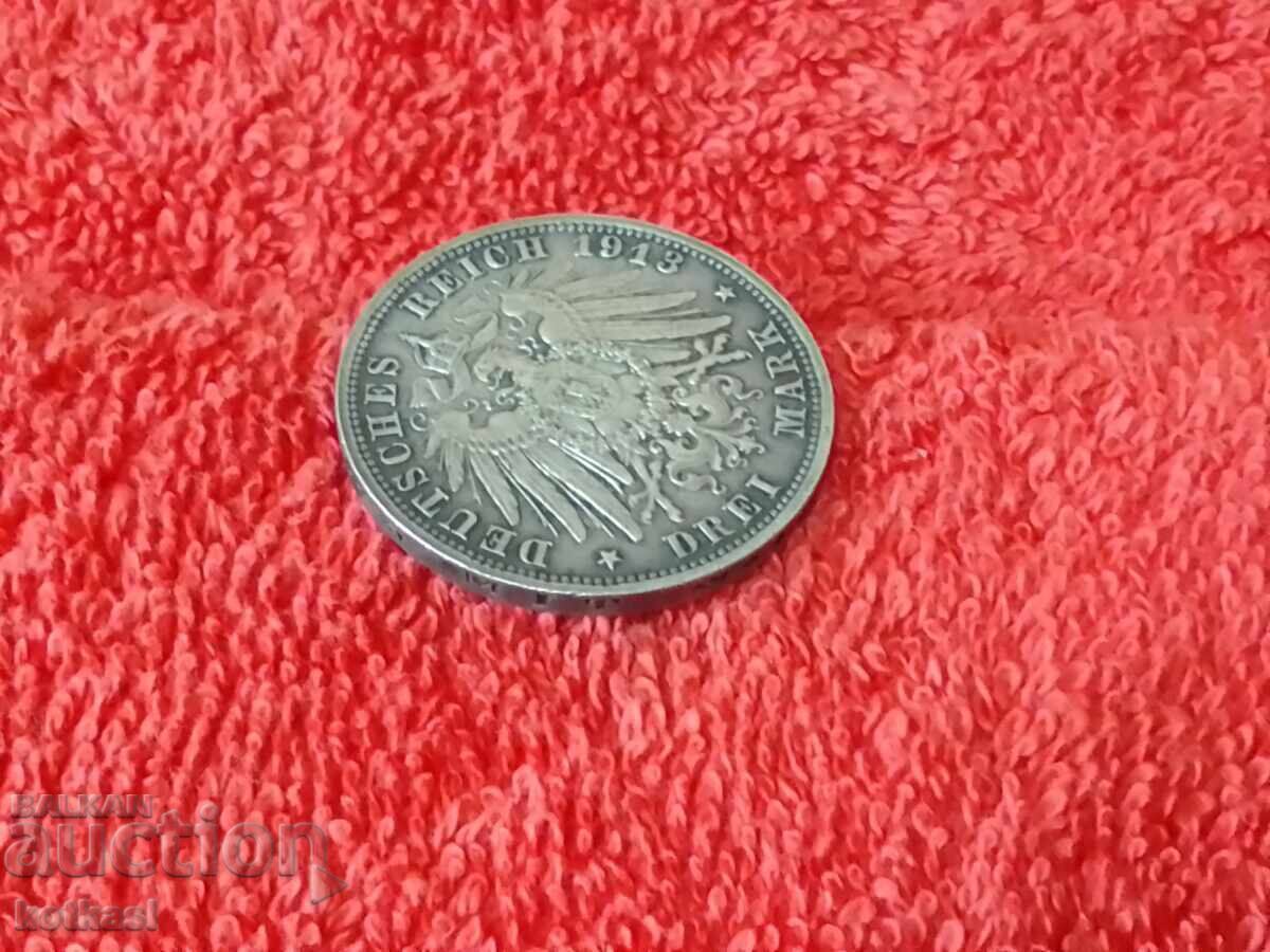 Silver Coin 3 Marks F 1913 Germany Saxony Grade - 7