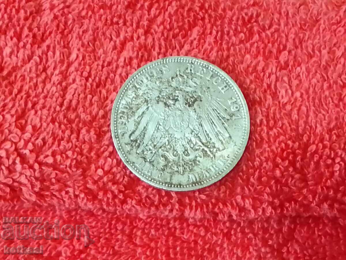 Auction Silver coin 3 marks D 1911 Germany Bavaria quality Auction Silver coin 3 marks D 1911 Germany Bavaria quality
