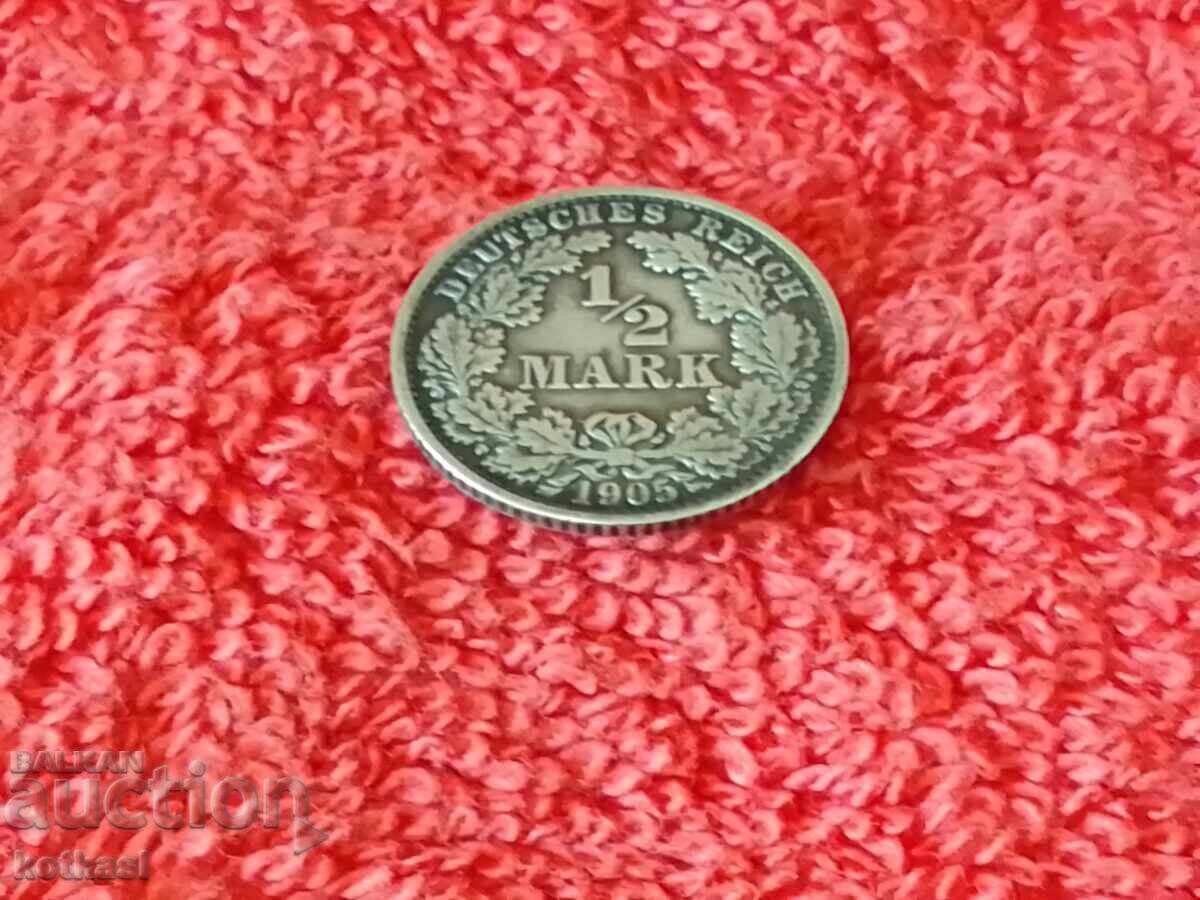 Licitație Monedă de argint 1/2 mărci 1905 Si calitatea Germaniei Licitație Monedă de argint 1/2 mărci 1905 Si calitatea Germaniei
