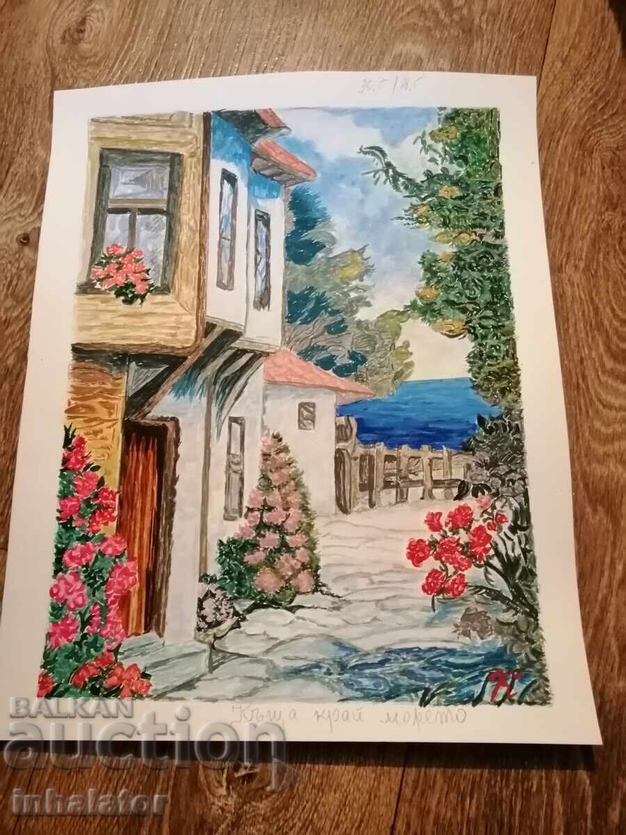 Watercolor - House by the Sea 38.5 - 28.5 cm