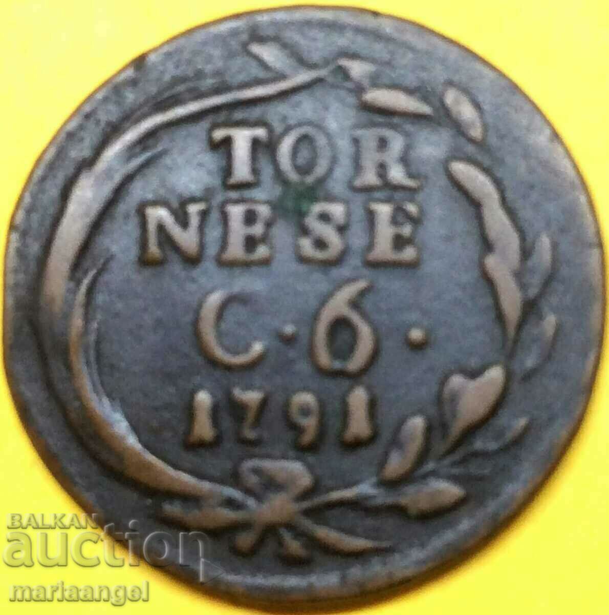 Napoli Tornesi da 6 Cavalli 1791 Italia Ferdinando IV