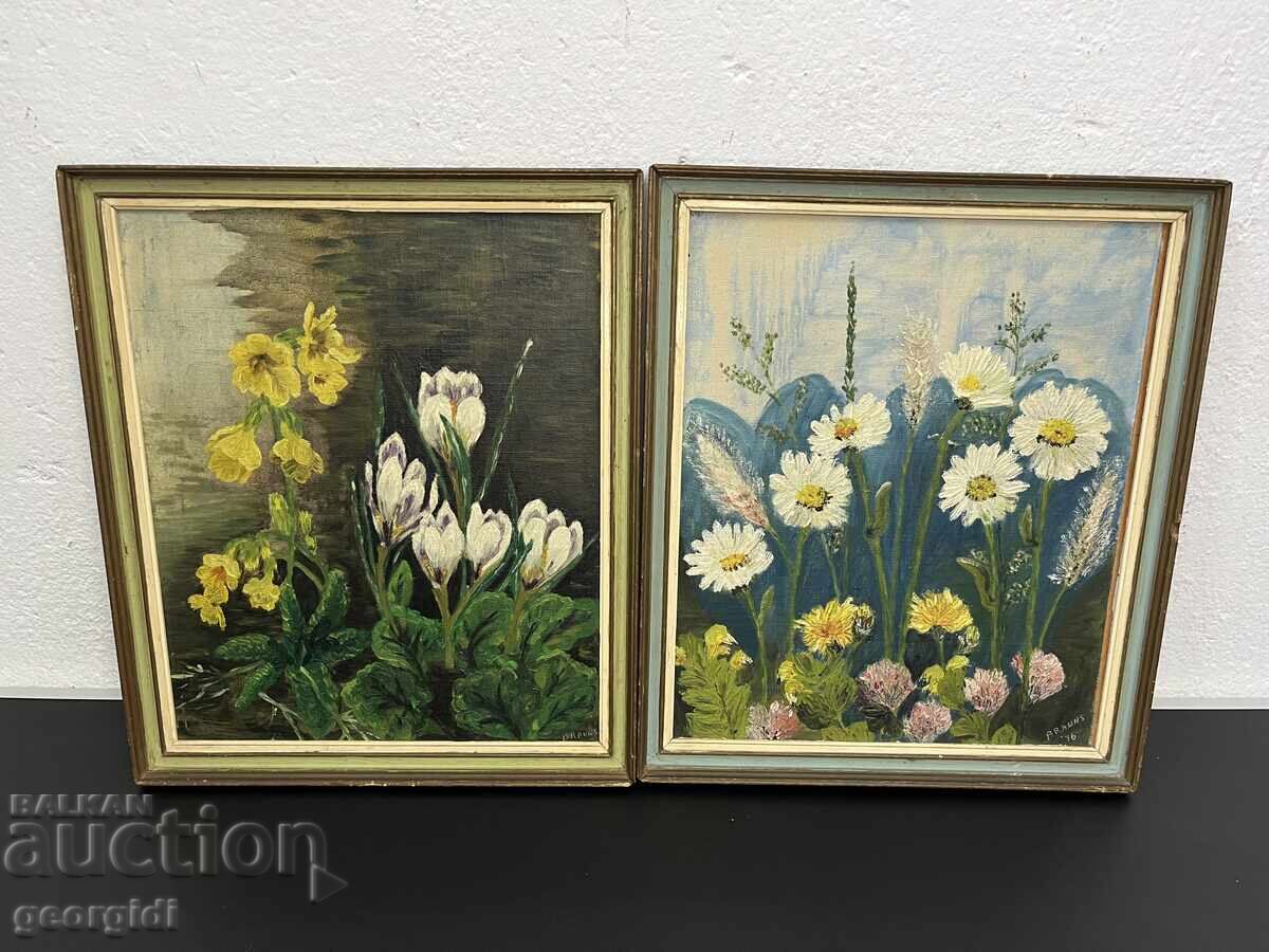 Pair of oil paintings with flowers / painting. №6291