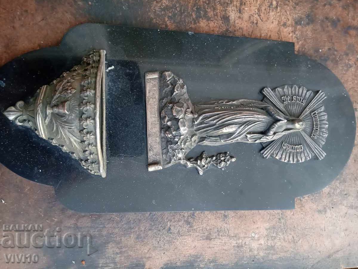 Crucifix antic catolic, marmură și bronz Crucifix antic catolic, marmură și bronz