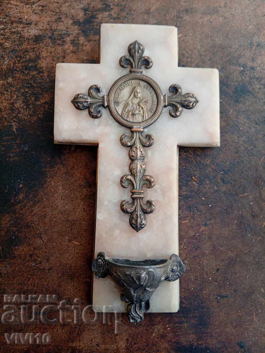 Antique Catholic cross, marble and bronze