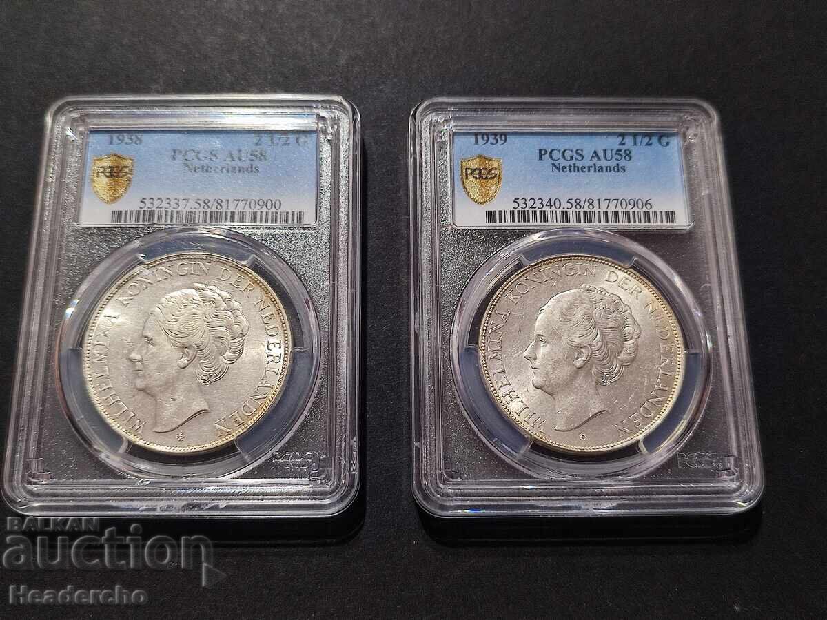 2.5 / два и половина гулдена 1938, 1939 г. Нидерландия PCGS