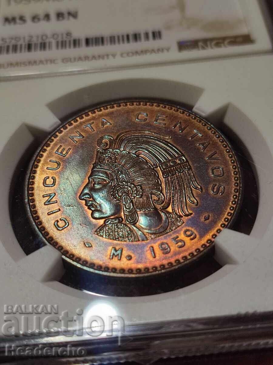 50 cent Mexico 1959 NGC MS-64 BN TOP POP / TOP GRADE with price 157.00 BGN | € 80.27 50 cent Mexico 1959 NGC MS-64 BN TOP POP / TOP GRADE with price 157.00 BGN | € 80.27
