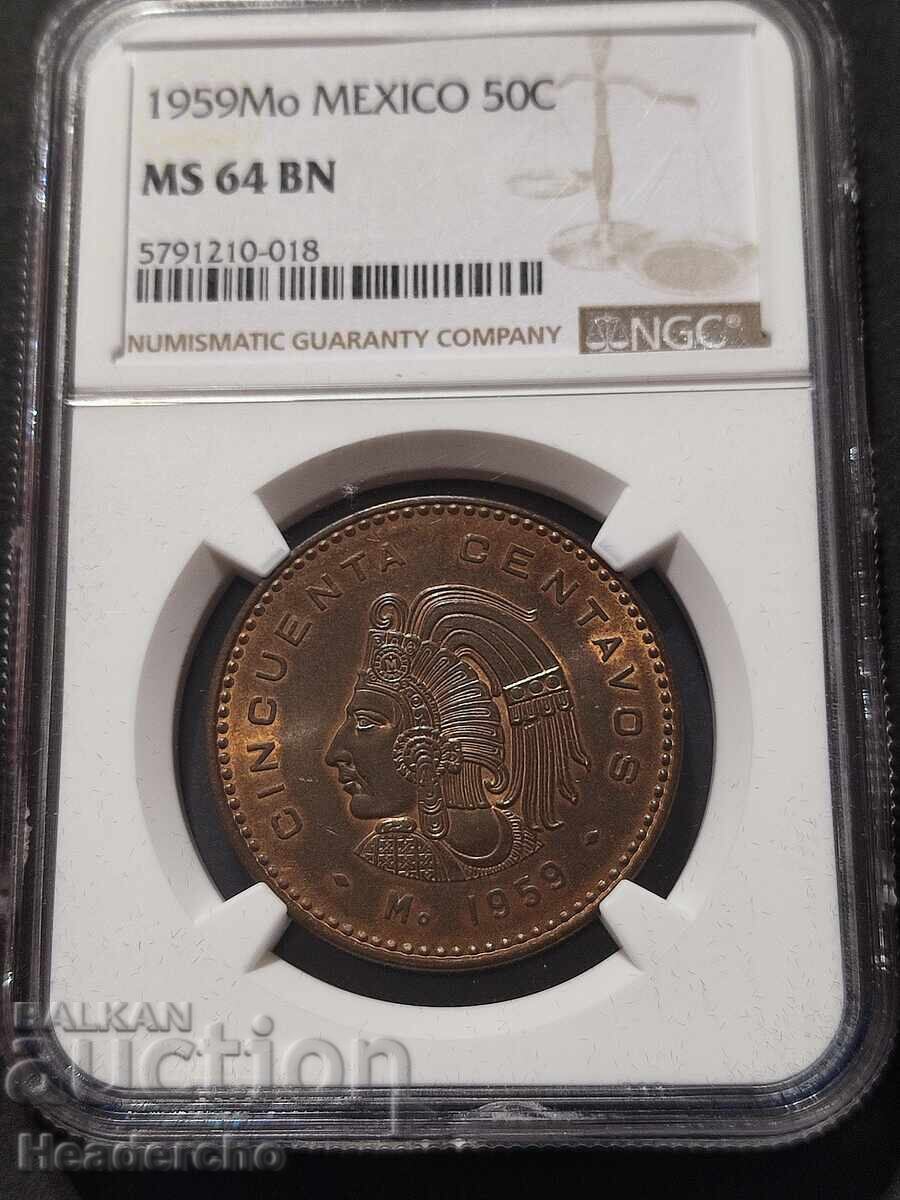 50 cent Mexico 1959 NGC MS-64 BN TOP POP / TOP GRADE