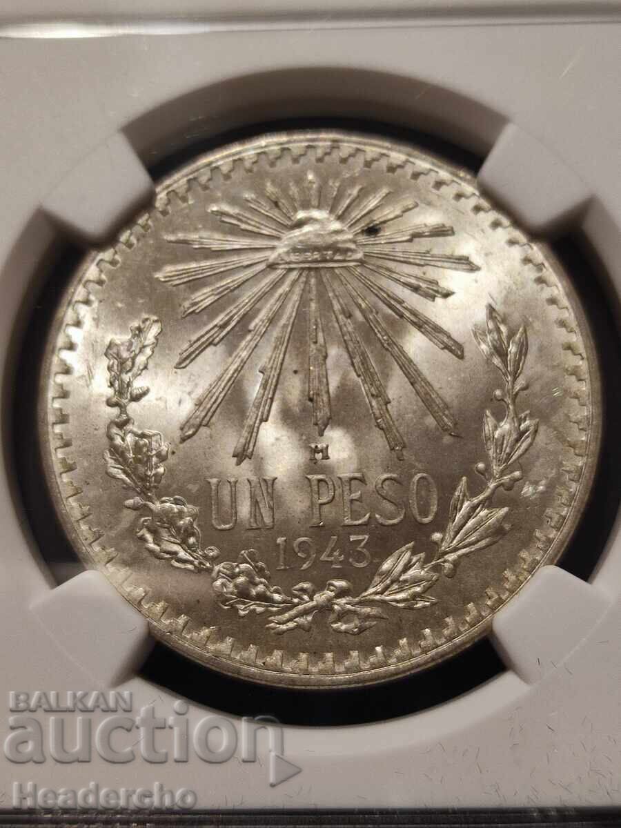Auction 1 peso 1943 Mexico NGC MS-65 (Silver) Auction 1 peso 1943 Mexico NGC MS-65 (Silver)