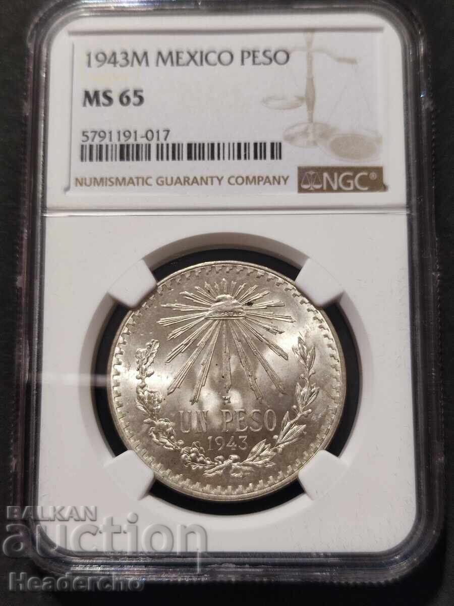 1 песо 1943 г. Мексико NGC MS-65 (сребро)