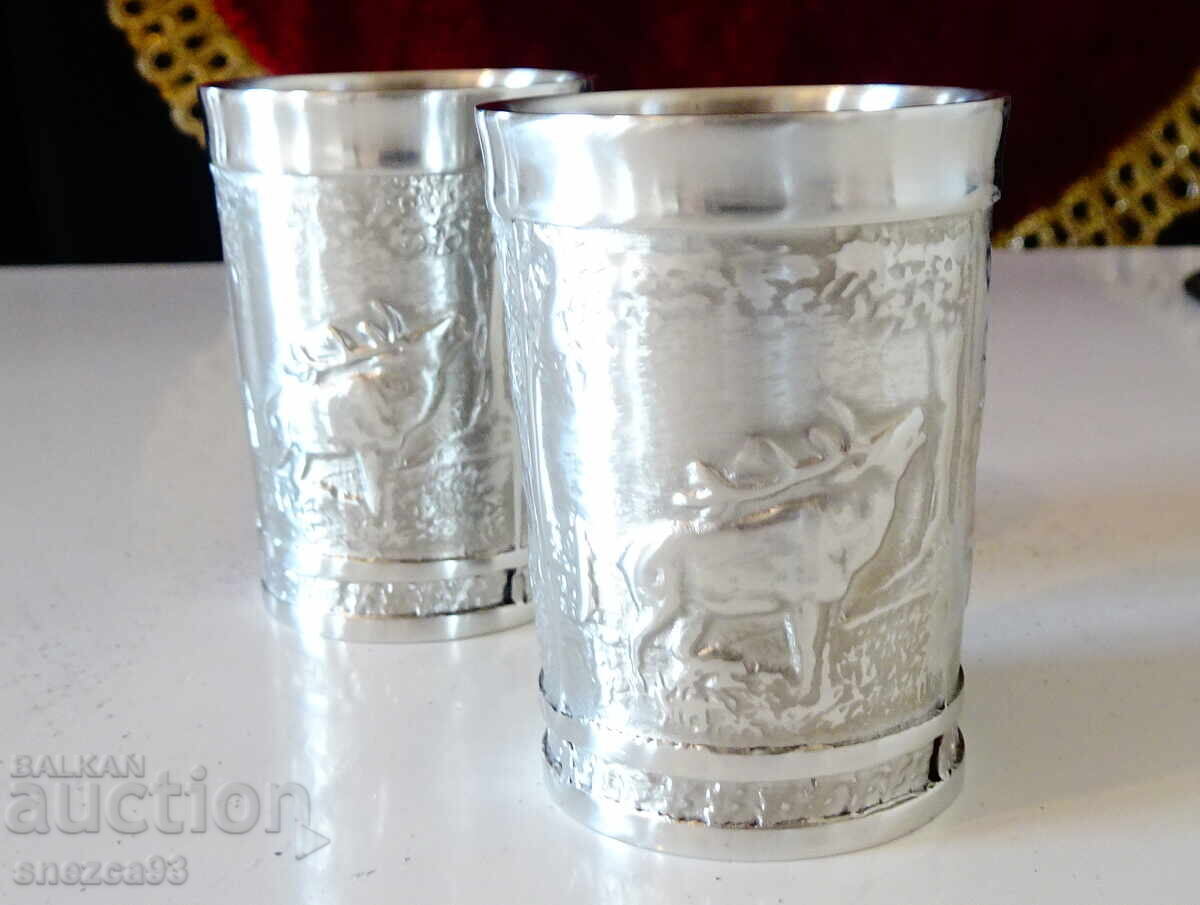 Pewter cup with Deer, Dog, hunting coat of arms.