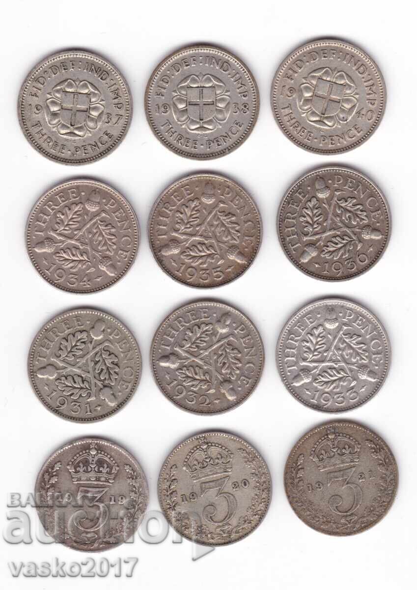 3 Pence - Anglia 12 numere ani diferiți