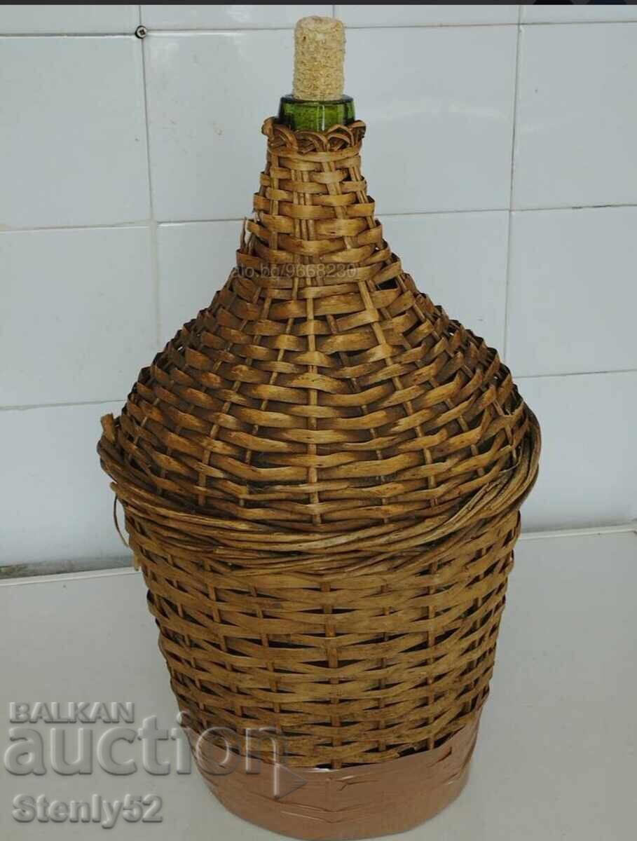Old woven carboy, blown thick glass, 10 liters.