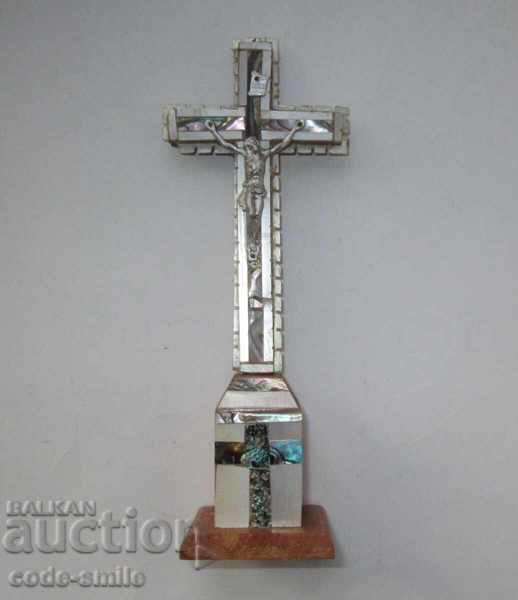 Antique mother-of-pearl religious table cross wood and mother-of-pearl