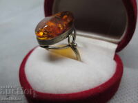 RUSSIAN, SOVIET SILVER RING GOLD-PLATED WITH AMBER