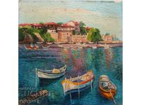 Small painting seascape with boats old Nessebar