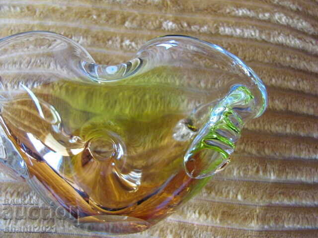 Auction  Massive crystal bowl, colored glass, handmade, 17x9