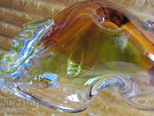 Massive crystal bowl, colored glass, handmade, 17x9 - 5