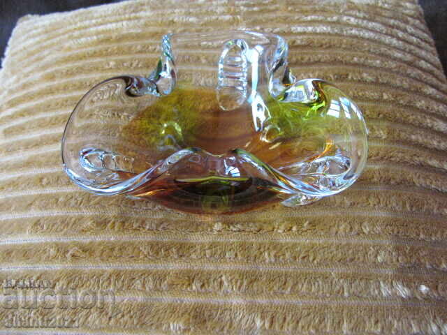 Massive crystal bowl, colored glass, handmade, 17x9