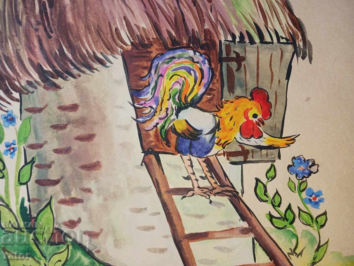 Auction  Old large painting, watercolor - children's fairy tale