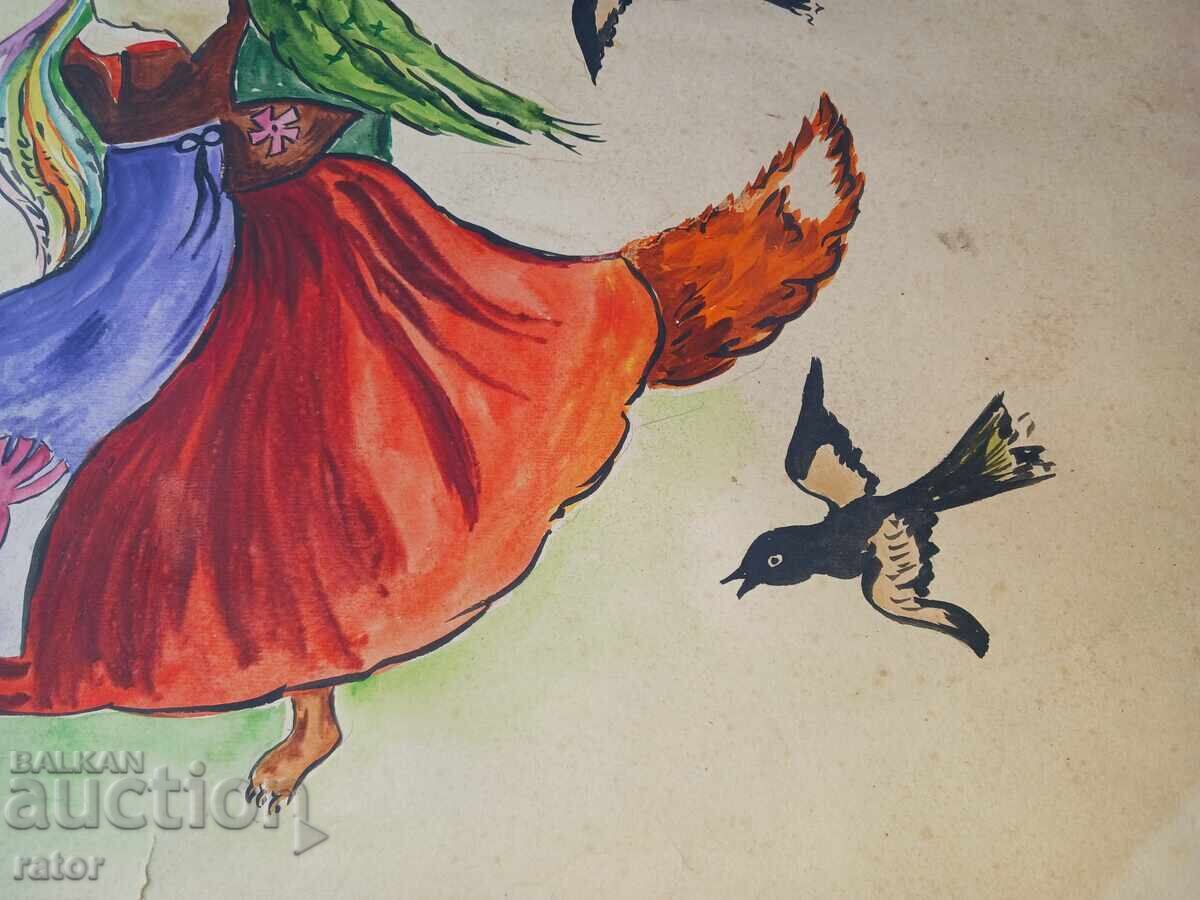 Auction Old large painting, watercolor - children's fairy tale Auction Old large painting, watercolor - children's fairy tale