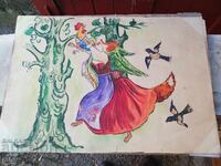 Old large painting, watercolor - children's fairy tale