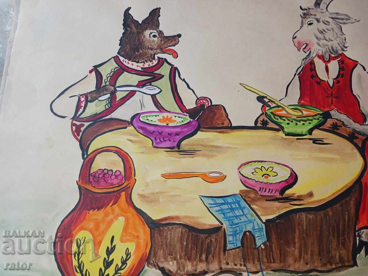 Auction Old large painting, watercolor - children's fairy tale Auction Old large painting, watercolor - children's fairy tale