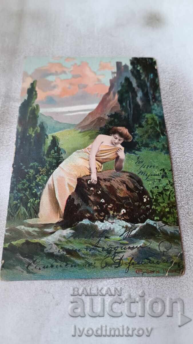Postcard Young girl on a stone by the river 1904