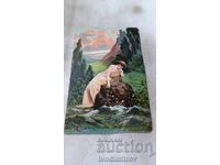 Postcard Young girl on a stone by the river 1904