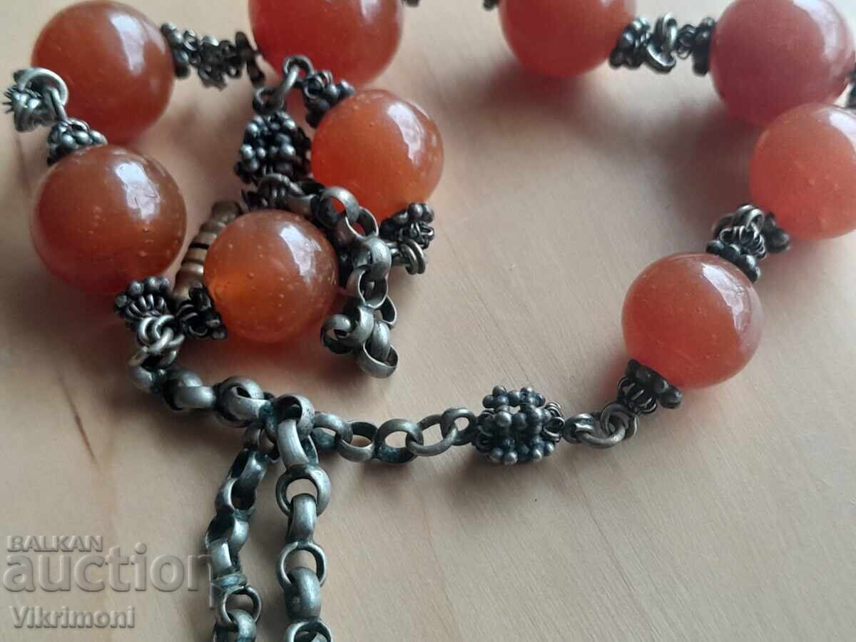 Colier retro, etnic, carnelian, granulație, 265k, bronz placat cu argint, Colier retro, etnic, carnelian, granulație, 265k, bronz placat cu argint,
