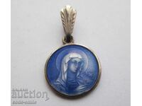 Old silver pendant medallion transparent enamel Virgin Mary