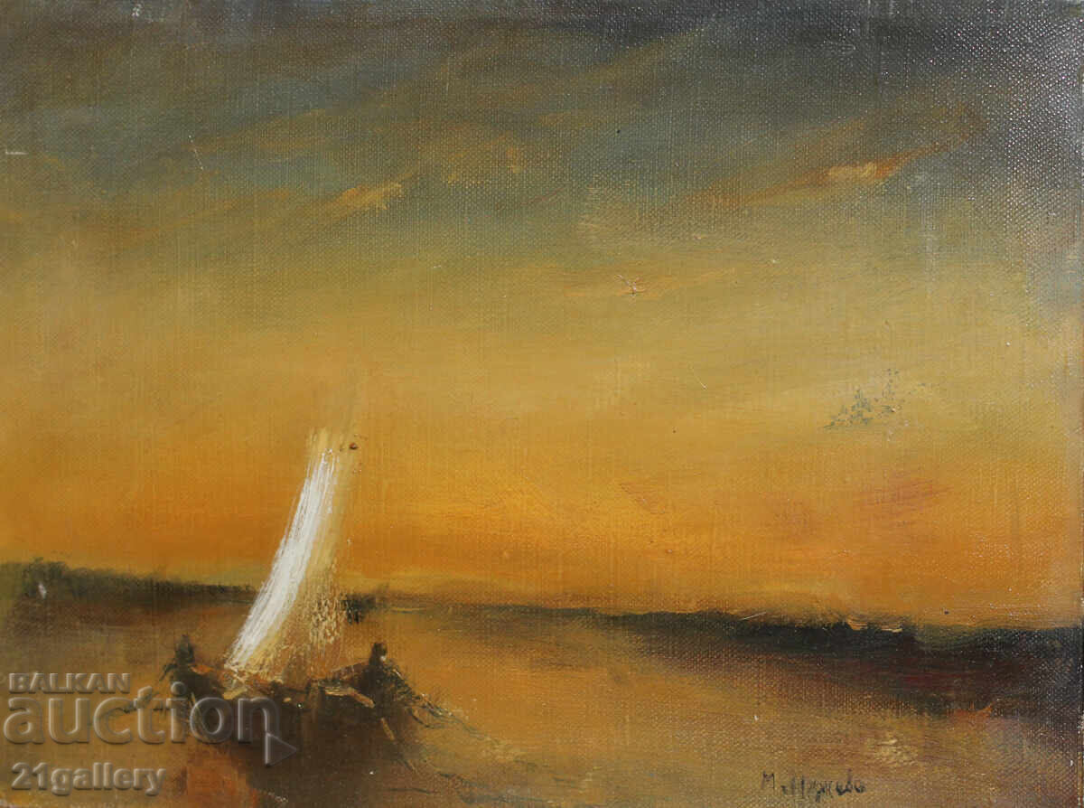 M. Nedkova / Seascape with a boat, oil paints, signed with price 300.00 BGN | € 153.39